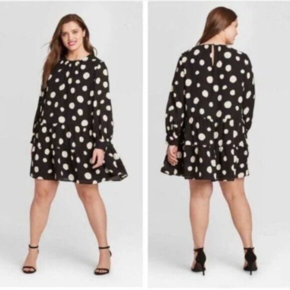 Who What Wear Dresses & Skirts - Who What Wear Macro Painted Dot Dress Black Off-White Sheer Sleeves NWT 1X!